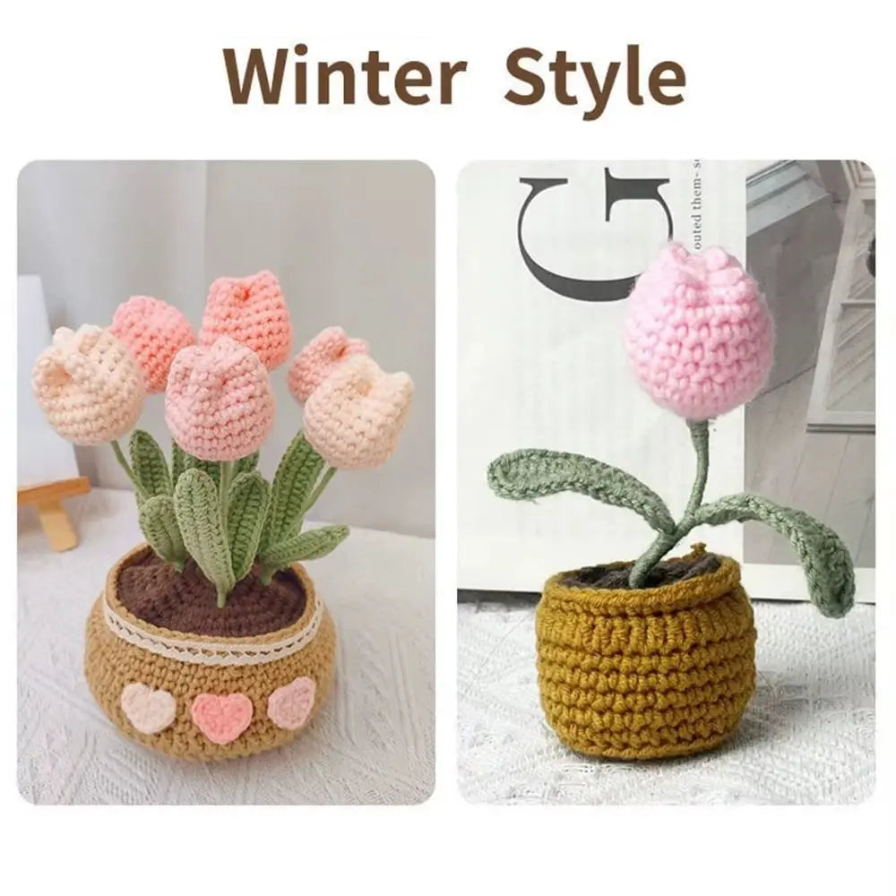 Handmade DIY Tulip Flowers Plant Potted Crochet Knitting Kit for Adults and Kids Crochet Starter Knitting Kit
