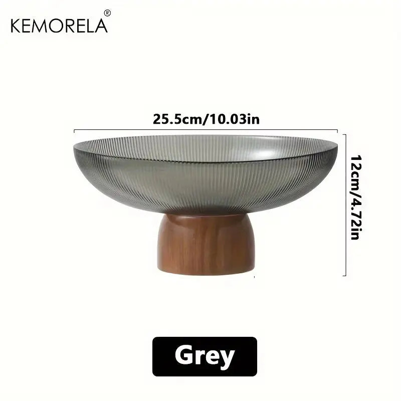 1PCS Glass Fruit Bowl Large Dessert Glass Bowl Wood Pedestal Bowl for Table Décor Fruit Bowl for Kitchen Counter Decor