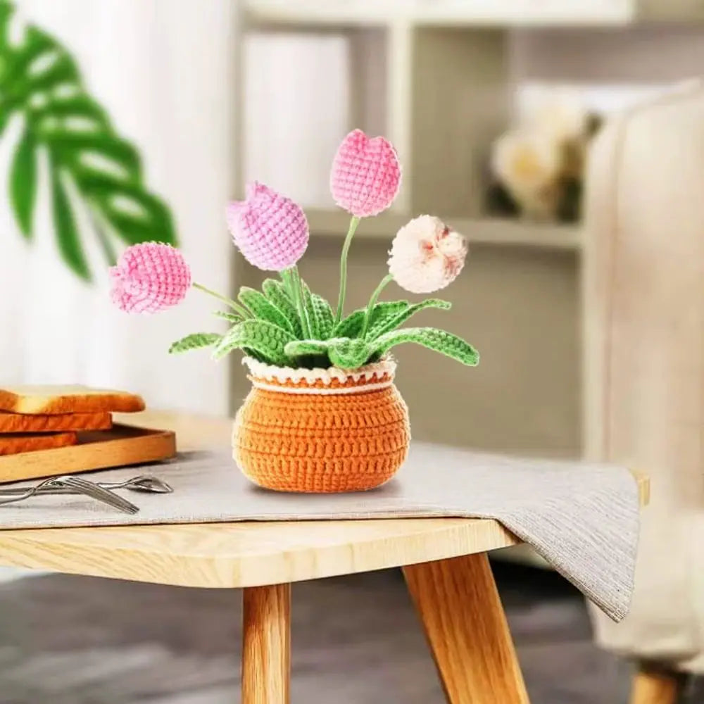 Handmade DIY Tulip Flowers Plant Potted Crochet Knitting Kit for Adults and Kids Crochet Starter Knitting Kit