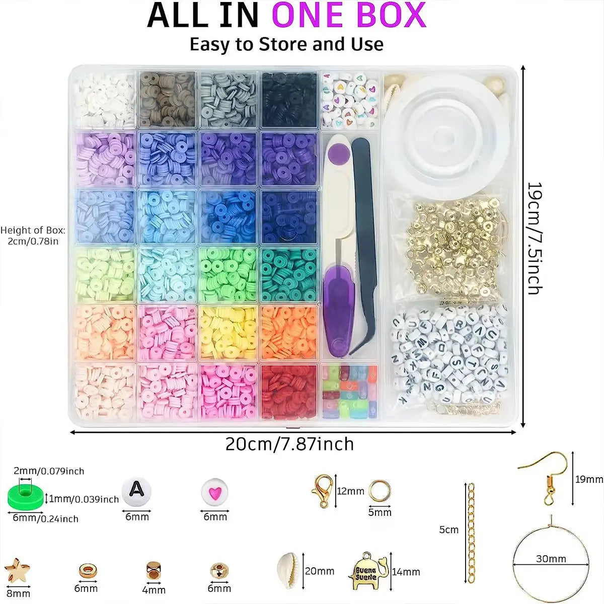 6000 Pcs 24 Colors Flat round Polymer Clay Beads 6Mm Spacer with Pendant Charms Kit and Elastic Strings for Jewelry Making Kit