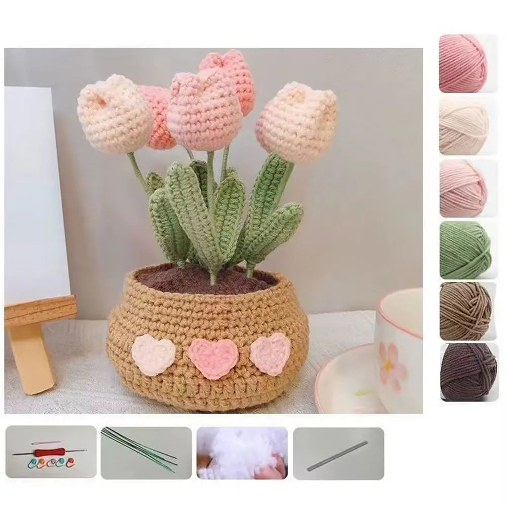 Handmade DIY Tulip Flowers Plant Potted Crochet Knitting Kit for Adults and Kids Crochet Starter Knitting Kit