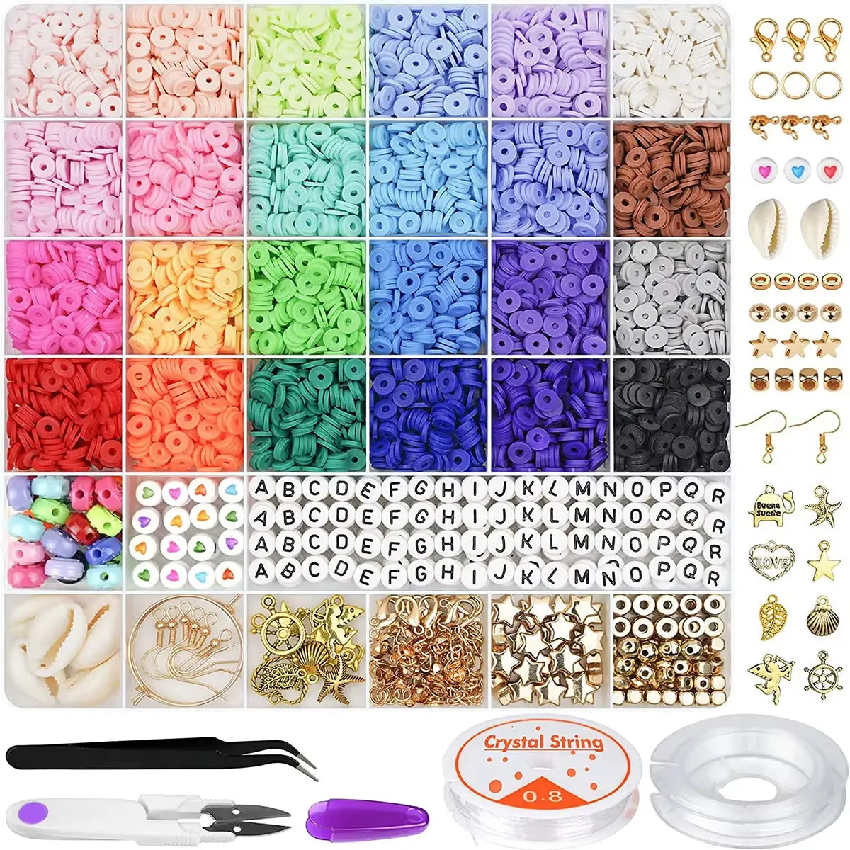 6000 Pcs 24 Colors Flat round Polymer Clay Beads 6Mm Spacer with Pendant Charms Kit and Elastic Strings for Jewelry Making Kit